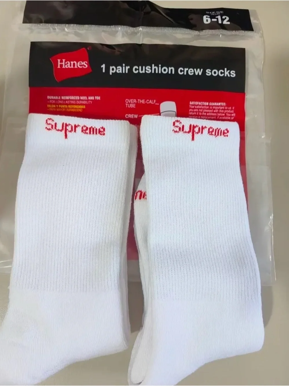 Supreme White Crew Socks with Red Logo - Pair